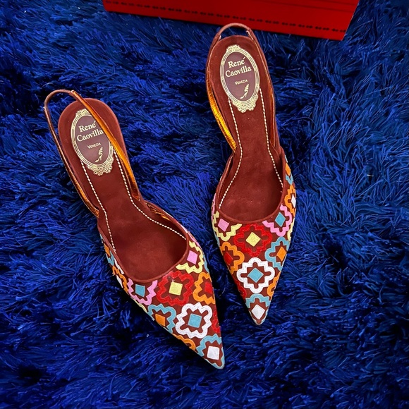 Rene Caovilla Shoes - Rene Caovilla Multicolor Geometric Embroidered Slingback Heels
